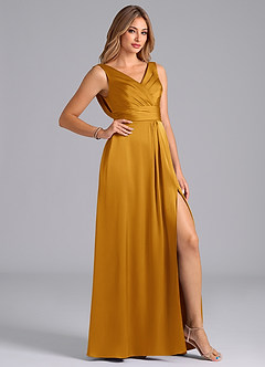 Azazie Karina Bridesmaid Dresses Butterscotch A-Line Pleated Stretch Satin Dress image5