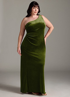 Azazie Argan Bridesmaid Dresses Olive A-Line One Shoulder Pleated Velvet Dress image10