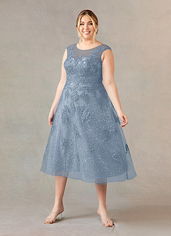 Azazie Flynn Mother of the Bride Dresses A-Line Boatneck Lace Tulle Tea-Length Dress image6