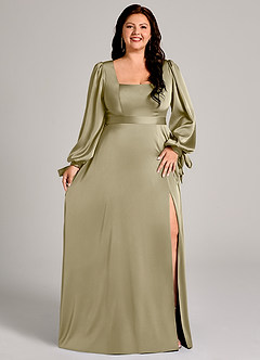 Azazie Leonia Bridesmaid Dresses Moss Green A-Line Long Sleeve Stretch Satin Dress image11