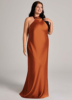 Azazie Velli Bridesmaid Dresses Cinnamon Mermaid High Neck Stretch Satin Dress image10