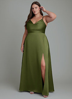 Azazie Sarella Bridesmaid Dresses Olive A-Line Pleated Stretch Satin Dress image6