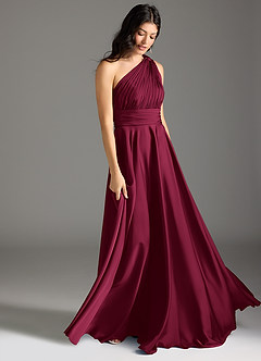 Azazie Charlize Bridesmaid Dresses Burgundy A-Line One Shoulder Stretch Satin Dress image12