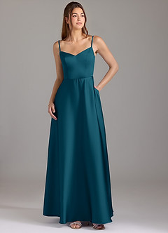 Azazie Marley Robes de demoiselle d'honneur Robe Trapèze Convertible en Satin extensible Épaule décolletée Bleu Encre image3