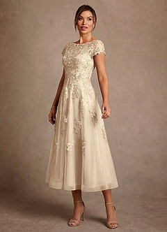 Azazie Jolanda 신부의 어머니 드레스 A라인 레이스 티 길이 드레스 image4