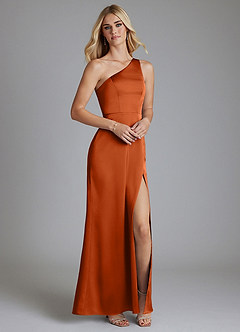 Azazie Phaedra Bridesmaid Dresses Burnt Orange A-Line One Shoulder Stretch Satin Dress image4