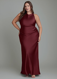 Azazie Evadne Bridesmaid Dresses Cabernet Sheath Pleated Stretch Satin Dress image1
