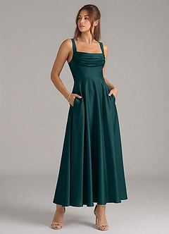 Azazie Shaude Bridesmaid Dresses Pine A-Line Pleated Stretch Satin Dress image3