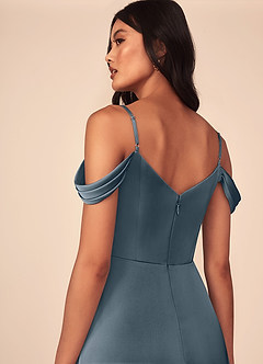 Azazie Ocean Bridesmaid Dresses Twilight A-Line V-Neck Pleated Stretch Satin Dress image5