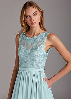 Azazie Elly Brautjungfernkleider A-Linie Rundhalsausschnitt mit Spitze Chiffon Kleid Nebel image6