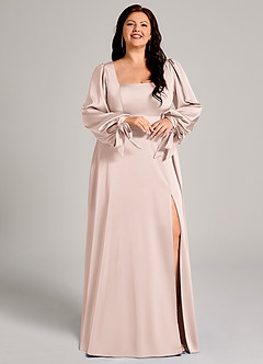 Azazie Leonia Bridesmaid Dresses Blushing Pink A-Line Long Sleeve Stretch Satin Dress image12