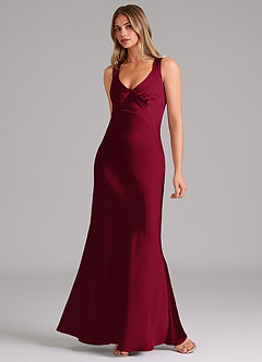 Azazie Kamila Bridesmaid Dresses Burgundy A-Line Pleated Stretch Satin Dress image3
