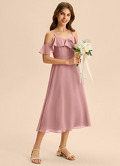 Azazie Kamilla Junior Vestido de Rosa Polvorienta de Gasa de Corte en A con Vestidos sin tirantes image1