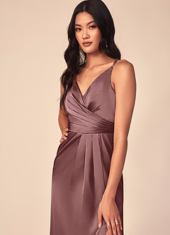 Azazie Aqua Bridesmaid Dresses Vintage Mauve A-Line V-Neck Pleated Stretch Satin Dress image6
