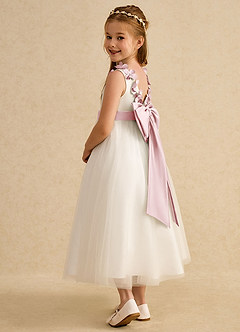 Azazie Lilli Flower Girl Dresses Ivory Powder Pink A-Line Bow Tulle Dress image4