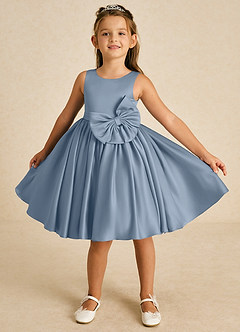 Azazie Apple Flower Girl Dresses Dusty Blue A-Line Bow Matte Satin Dress image1