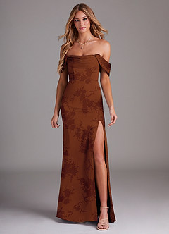 Azazie Saige Bridesmaid Dresses Burnt Orange Floral Sheath Off the Shoulder Stretch Satin Dress image3