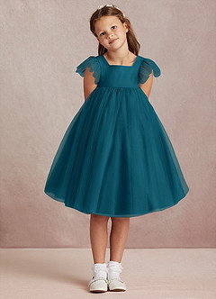 Azazie Kalio Flower Girl Dresses Ink Blue A-Line with Sleeves Tulle Dress image2