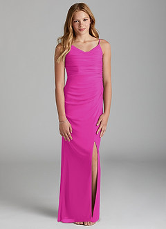 Azazie Deandra Junior Fuchsia Sheath Mesh Dress image1