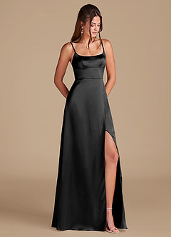 Azazie Halsey At-home Try On Dresses Black A-Line Side Slit Metallic Satin Dress image1