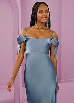 Barbie ♥ Azazie Bridesmaid Dresses Dusty Blue Sheath Off the Shoulder Stretch Satin Convertible Dress image3