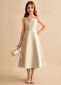 Azazie Jaella Girls Formal Blomsterpigekjoler A-Line Plisseret Mat satin Te-længde Kjole image5