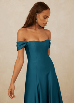 Christian Siriano Bridal for Azazie 1002 Bridesmaid Dresses Ink Blue A-Line Off the Shoulder Stretch Satin Convertible Dress image4