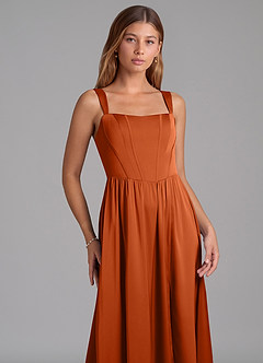 Azazie Rosaline Vestidos de damas de honor Vestido de Naranja Quemada de Satén Elástico de Corte en A con Corte Lateral image6