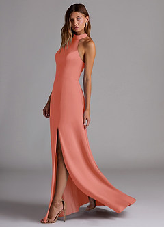 Azazie Myra Bridesmaid Dresses Salmon Pink A-Line High Neck Stretch Satin Dress image5