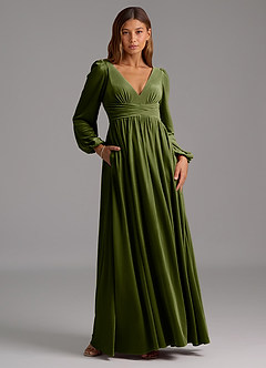 Azazie Norah Bridesmaid Dresses Olive A-Line Long Sleeve Velvet Dress image5