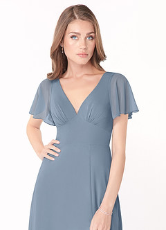 Azazie Kimber Bridesmaid Dresses Dusty Blue A-Line Flounce Sleeve Chiffon Dress image8