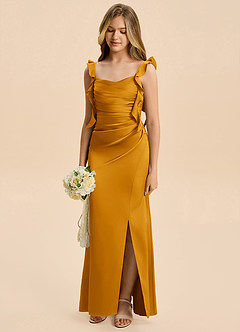 Azazie Jessamine Junior Butterscotch A-Line Ruched Stretch Satin Dress image6