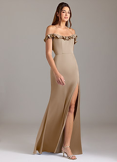 Azazie Callie Bridesmaid Dresses Taupe A-Line Ruched Stretch Satin Convertible Dress image6
