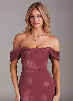 Azazie Saige Bridesmaid Dresses Burgundy Floral Bouquet Sheath Off the Shoulder Stretch Satin Dress image7