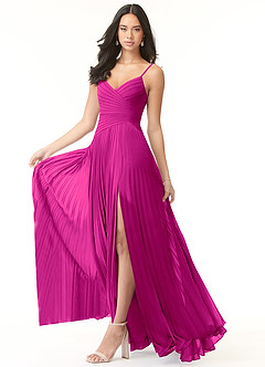 Azazie Vini Vestidos de damas de honor Vestido de Fucsia de Gasa de Corte en A con Cuello en V Plisado image3