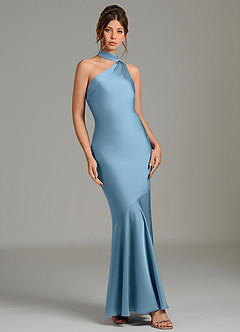 Azazie Jalissa Robes de demoiselle d'honneur Robe Sirène en Satin extensible Asymétrique Acier Bleuté image3