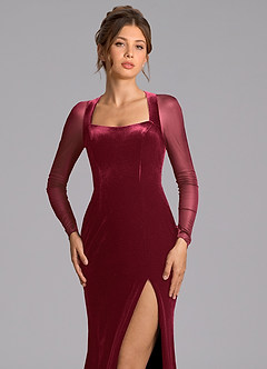 Azazie Megan At-home Try On Dresses Burgundy Mermaid Long Sleeve Mesh Dress image6