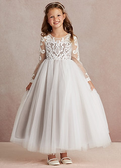Azazie Elodie Flower Girl Dresses Ivory Taupe Ball-Gown Lace Dress image3
