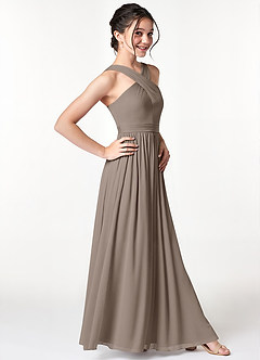 Azazie Jiya Junior Taupe A-Line Pleated Mesh Dress image3
