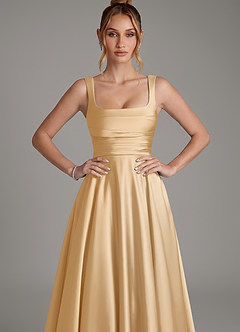 Azazie Azaria Bridesmaid Dresses Gold A-Line Corset Stretch Satin Dress image6