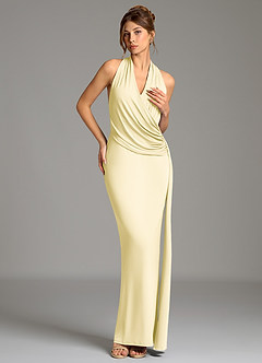 Azazie Nakia Bridesmaid Dresses Lemon Sorbet Sheath Pleated Premium Stretch Jersey Dress image3