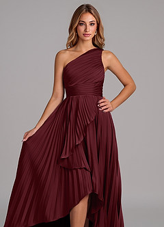 Azazie Lyrica Bridesmaid Dresses Cabernet A-Line One Shoulder Stretch Satin Dress image4