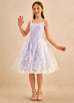Azazie Cubbie Girls Formal Robe Demoiselle D'honneur Fillette Robe Trapèze en Dentelle Lilas image5