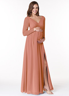 Azazie Teton Maternity Bridesmaid Dresses A-Line Long Sleeve Chiffon Floor-Length Dress image4