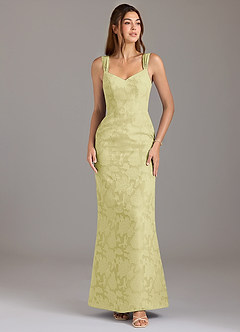 Azazie Denice Bridesmaid Dresses Lemon Sorbet A-Line Pleated Floral Burnout Dress image1