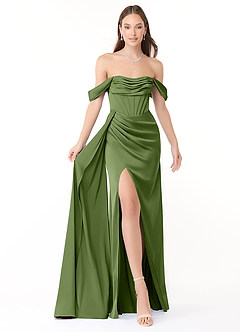Azazie Amyra Bridesmaid Dresses Juniper Sheath Off the Shoulder Stretch Satin Convertible Dress image1