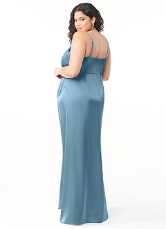 Azazie Maci Bridesmaid Dresses Steel Blue A-Line V-Neck Pleated Stretch Satin Dress image8