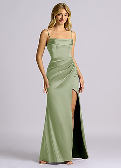 Azazie Auden Robes de demoiselle d'honneur Robe Fourreau Convertible en Satin extensible Épaule décolletée Vert Sauge image3