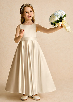 Azazie Cherry Flower Girl Dresses Champagne Champagne Ball-Gown Pleated Matte Satin Dress image2