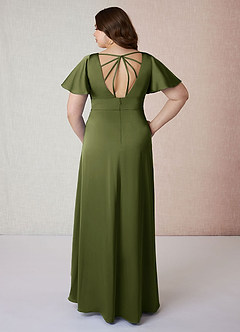 Azazie Lani Bridesmaid Dresses Olive A-Line Flounce Sleeve Stretch Satin Dress image8